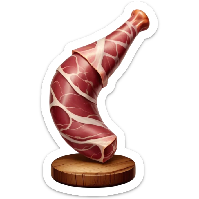 ​Cinematic Realistic Spanish Jamón Leg, depicted as a massive, cured leg of Jamón serrano (ham) with a deep reddish-brown hue, intricately marbled and slightly glossy with age, elegantly displayed on a rustic wooden stand and bathed in warm, soft lighting that accentuates its artisanal heritage, sticker