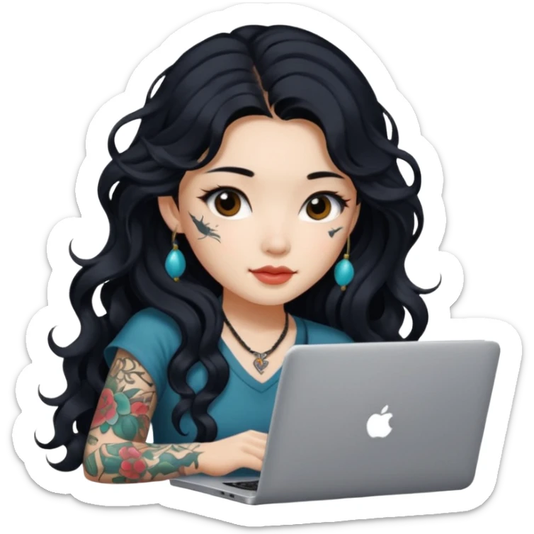 Beautiful girl with tattoos, with long black hair, wavy hair, Chinese with a laptop   sticker