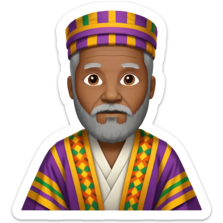 Create an emoji of an old African king with a large beard wearing kente cloth and white shirt sticker