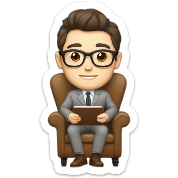 Pale skinned Fit Man With dark brown hair in gray jacket, beige office shirt, Brown pants and vintage glasses sitting In a soft chair with a notebook on spring with emblem Ψ and a pen sticker