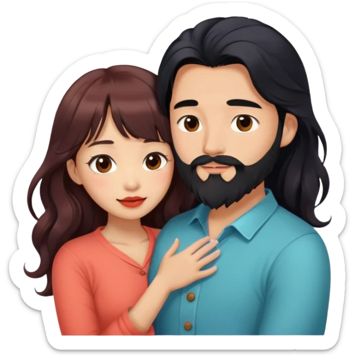 handsome asian man with long black hair and beard, hugging cute tan skin woman with long wavy reddish brown hair with bangs and coral lipstick sticker
