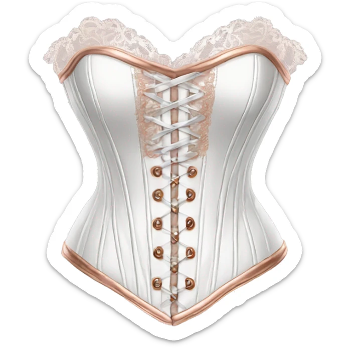 Realistic victorian white leather corset top clothing with rose gold lace isolated.  sticker