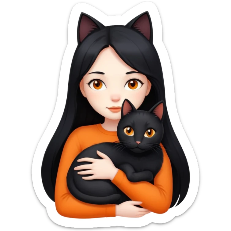 A girl with long black hair hugs a black cat, an orange cat, and a black cat sticker