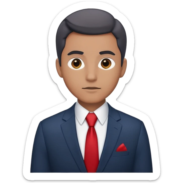 man wearing a dark blue-gray business suit with a white shirt and a red tie sticker