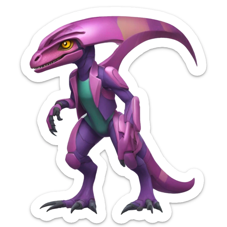 Colorful Edgy Velociraptor-Genesect-Fakémon-Pokémon wearing a with a futuristic cyber-helmet And suit Full Body sticker