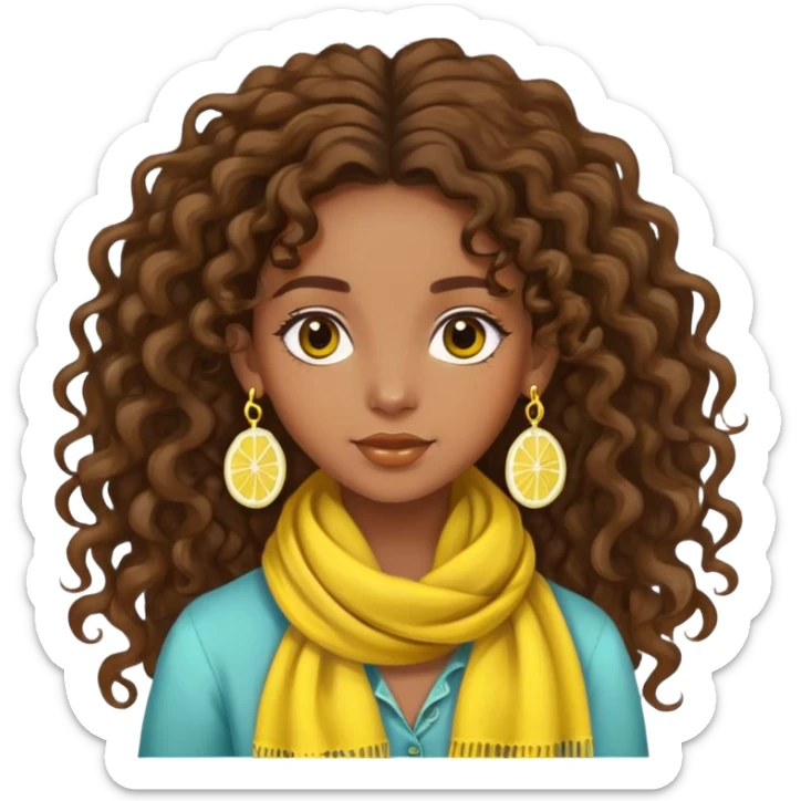 bohemian style girl, brown skin, long brown curly hair tied high, lemon yellow scarf, round earrings sticker