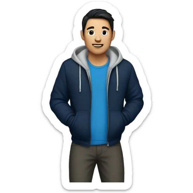asian man wearing blue plaid pants and a black jacket over a navy blue hoodie sticker
