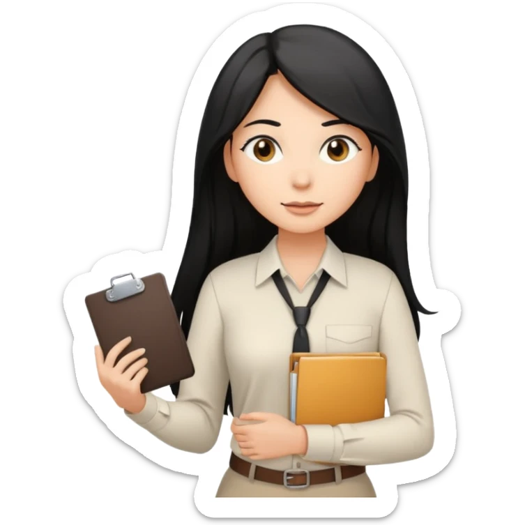 a light tan woman with long black hair past mid-back, round brown eyes, with folders in her hands. she has a id lanyard on and white professional blouse. sticker