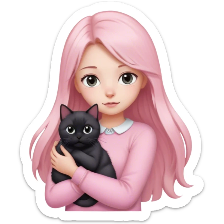 
girl with light long hair, grey eyes and fair skin in pink pastel clothes holds a black British cat in her arms sticker