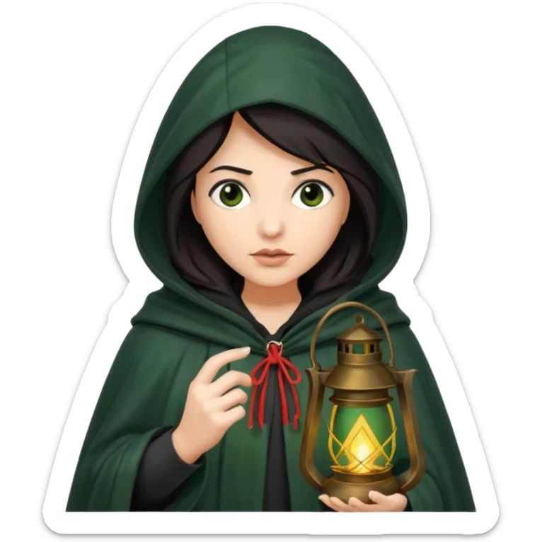 traitor tv show, dark haired woman wearing dark green cloak with hood up who looks very evil, is holding up a lantern, and looking down sticker