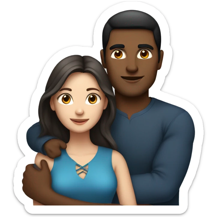 Couple embracing with arms around each other; white woman with blue eyes and brown hair, Indian man with black hair  sticker