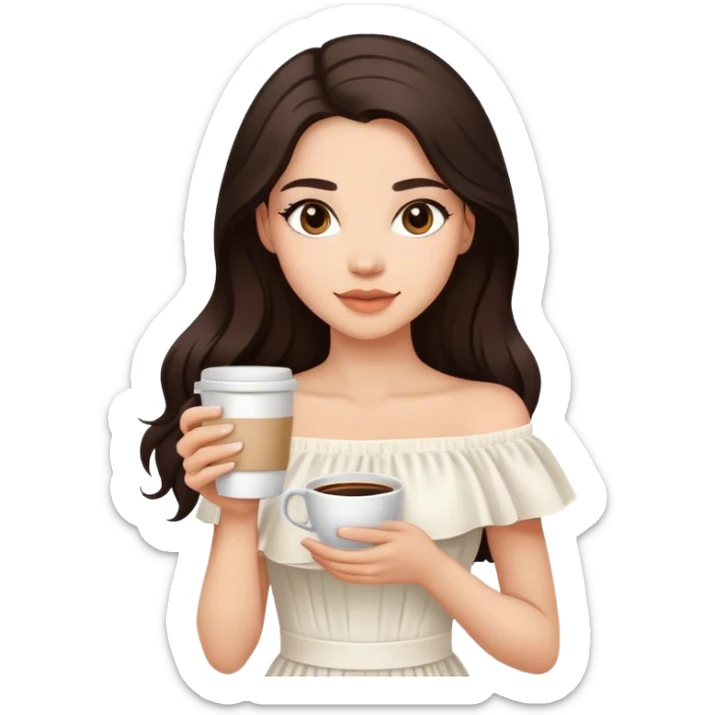 Beautiful woman in 1950’s woman fashion look, off-shoulder white dress, long dark brown hair, coffee sticker