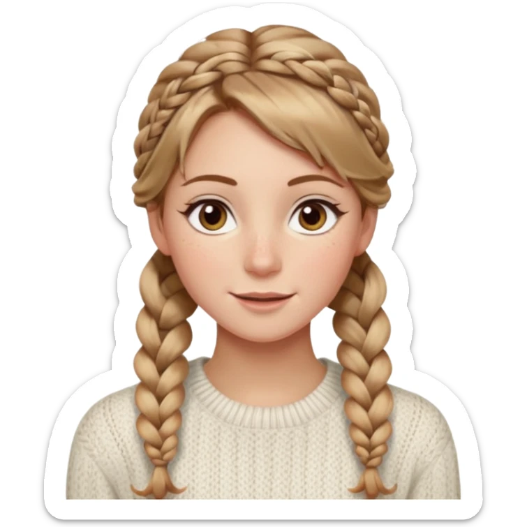 light brown hair blonde hair hazel eyes woman with a white cable knit sweater thatand one braid down her back  with tendrils of hair flowing down her face and she is happy pale, some freckles, blush. she has a cateye wing and long lashes sticker
