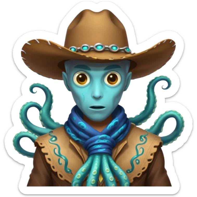 Close-up portrait of a tentacled alien cowboy, subtle glowing bioluminescent skin, tentacles partially hidden under a cowboy scarf, mysterious expression, dramatic shadow lighting, high detail, sci-fi western fusion
 sticker