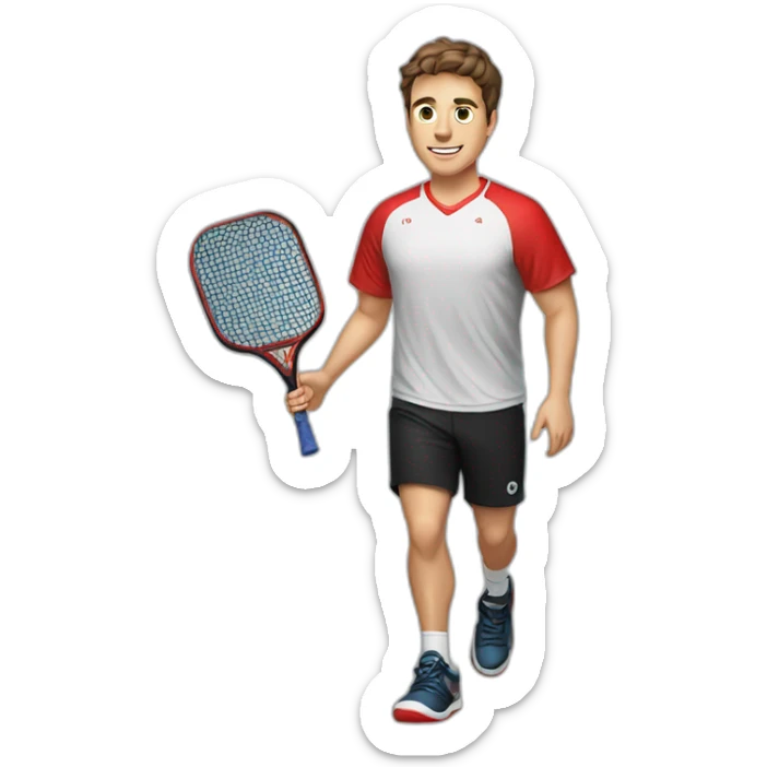 Young guy with brown hair playing pickleball full body red shirt black shorts solid black paddle sticker