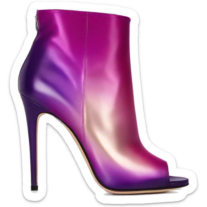 Real isolated top view of a pair of metallic magenta to dark purple ombre Jimmy Choo stiletto peep toe ankle bootie boots.  sticker