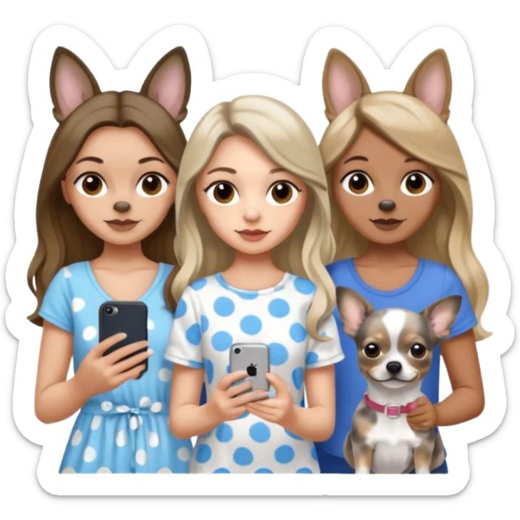 Three pretty women in cute summer clothes holding iPhone, hazel eyed light skin with dark blonde long hair and light skin hazel eyed long wavy dark hair, blue eyed light skin long blonde hair walking 2 dogs,blue and gray spotted Merle Frenchie, black and tan chihuahua  sticker