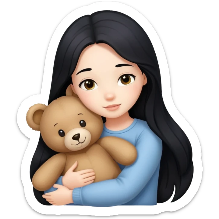 a girl with long black hair hugs teddy bear sticker