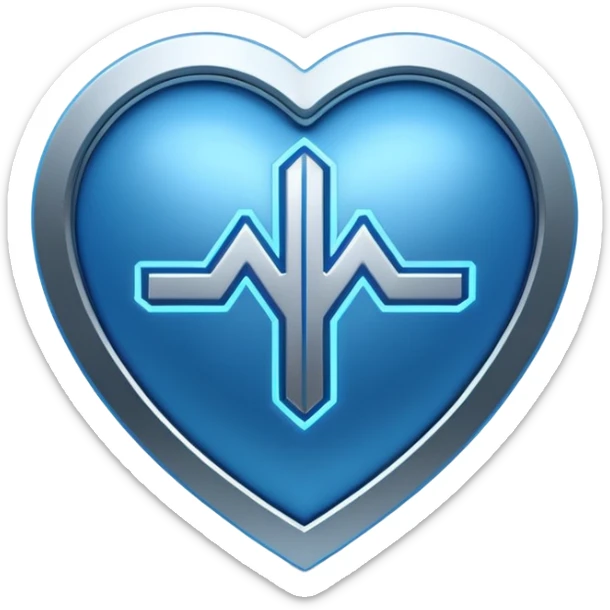 Futuristic premium medical AI logo emoji, sleek metallic heart or shield, ECG line forming stylized letters AI, neon blue and silver, 3D effect, glowing edges, minimal but bold, tech-savvy, high-tech healthcare branding, instantly recognizable, viral-ready, vector flat style with subtle shadows sticker