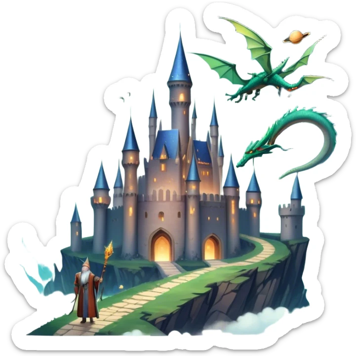 Icon for Fantasy and Sci-Fi Movies: A magical collage with flying dragons. futuristic spaceships. Stars and planets shimmer in the background with a mystical castle Hogvards and an ancient wizard holding a staff. The atmosphere is epic, otherworldly and adventurous. Transparent background. sticker