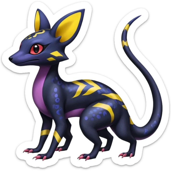 Rare epic aesthetic colorful Salandit-Noibat-Umbreon-Genet-species-Fakemon-hybrid-creature, with markings, full body sticker