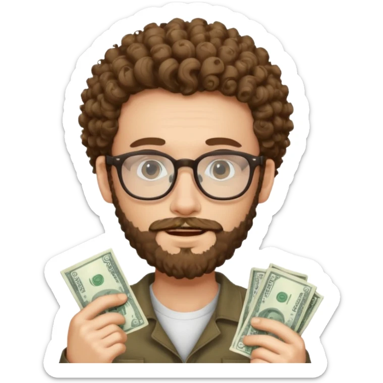 curly skinny guy with bear with glasses, with some money in the hands sticker