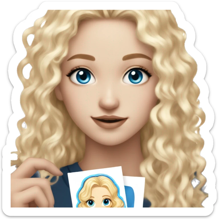 White girl with blue eyes and curly blonde hair holding a kpop photo card of newjeans sticker