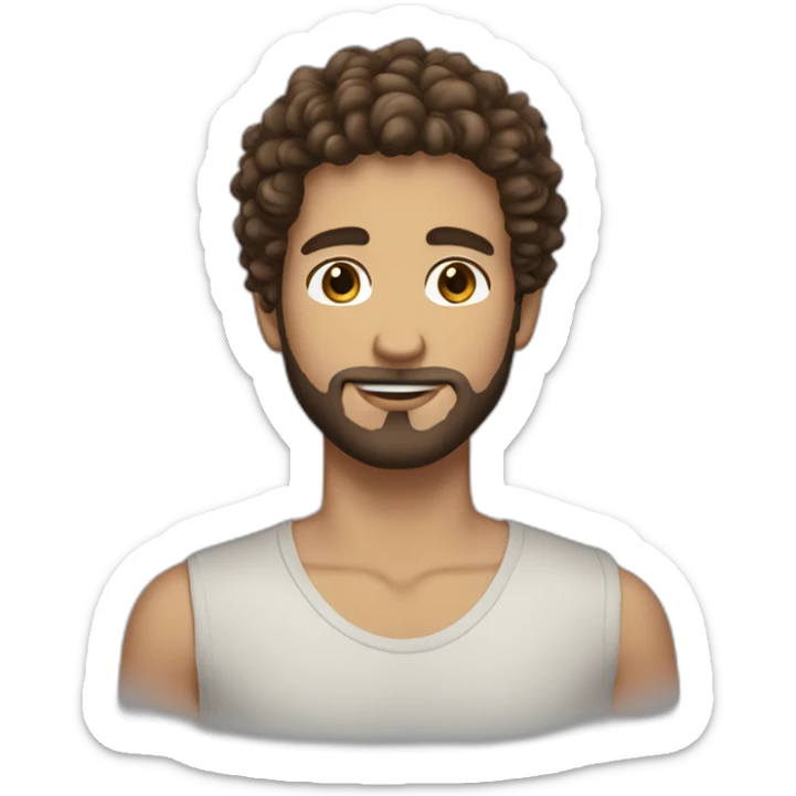 White boy, brown eyes, curly and brown hair on the top and short on the sides, and beard sticker