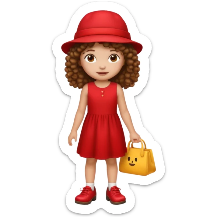 icon of a little girl with curly brown hair, light skin, red dress, red hat, brown shoes, emoji style sticker