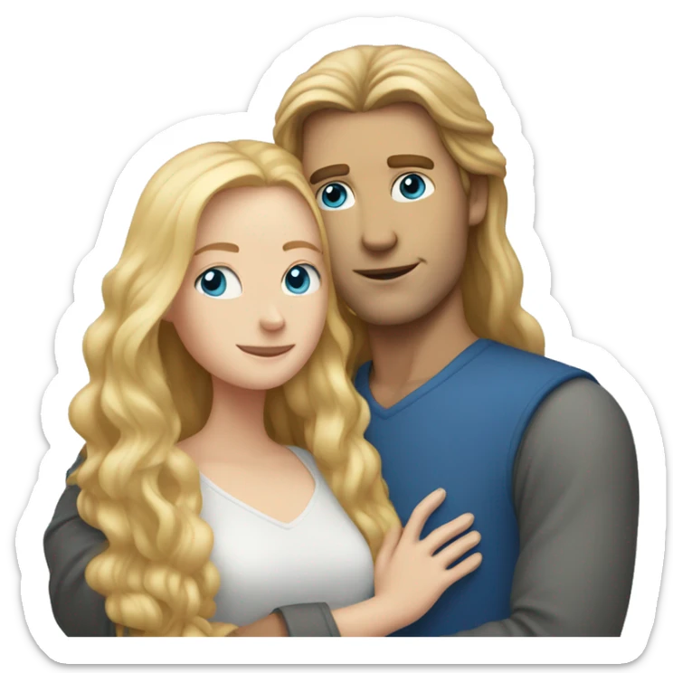 White Man with long hair and blue eyes hugging a white red hair woman sticker