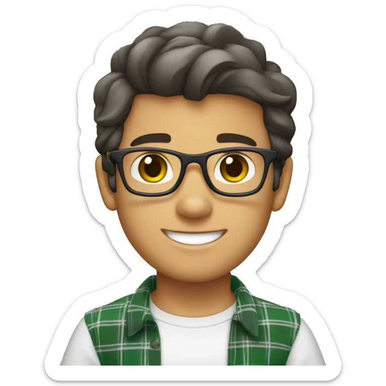Draw a boy wearing glasses, a white t-shirt, a black and gray plaid shirt, smiling, white skin color, green eyes, and a nice hairstyle called “curtains” (dark hair). sticker