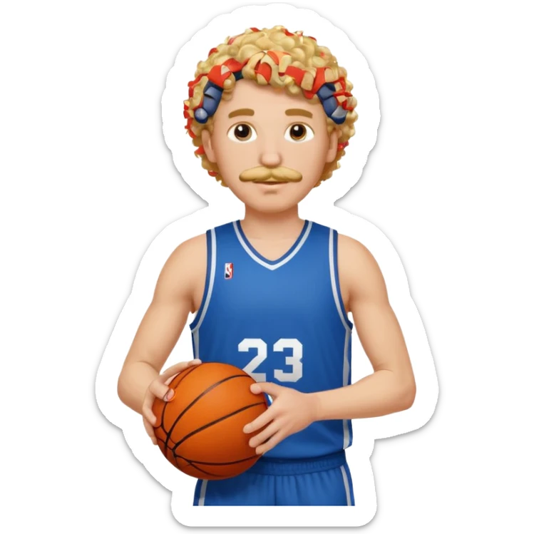 white blonde curly hair man basketball player blue jersey with mustache holding basket ball sticker