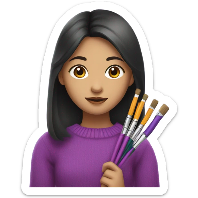 Half Asian girl in bright purple sweater holding paintbrushes and pencils sticker
