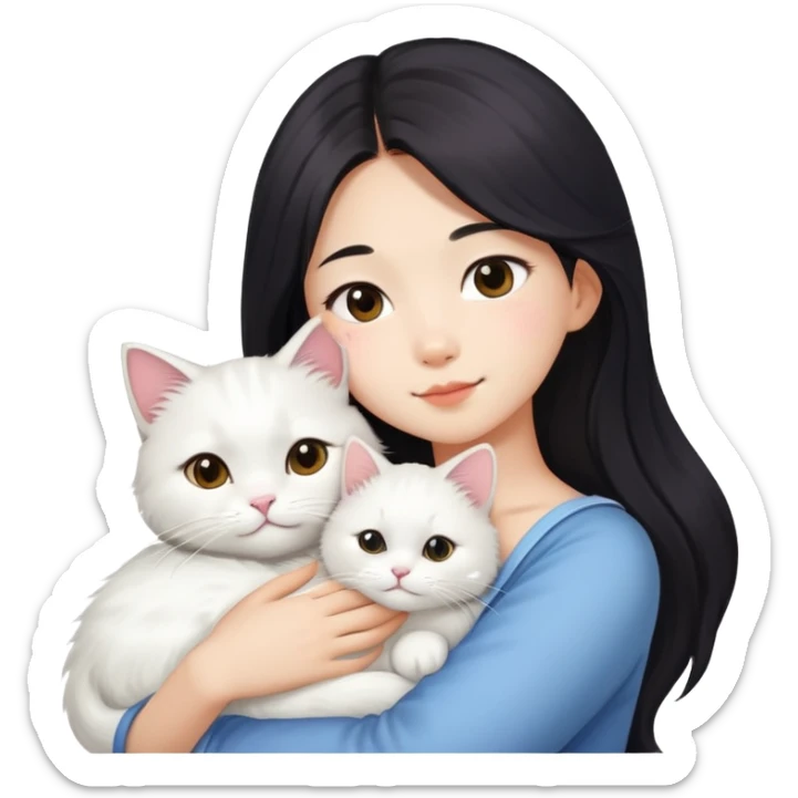 A asia girl with long dark hair and a white fluffy cat is lying on her left shoulder and neck sticker