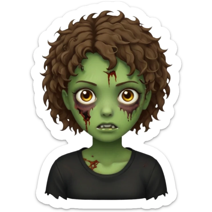 Zombie girl emoji verde com cabelo curto cacheado castanho com uma blusa preta sticker