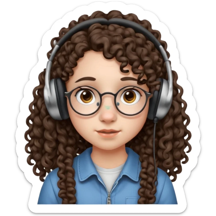 brunette kid with unique face features and very curly long hair kid girl neutral and very big nose and ears and dark eyes with freckles kind of nerd looking and headphone wearing no glassess just nose piercing very big one and evebrow piercing sticker