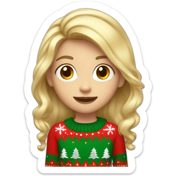 Blonde girl with hair by the shoulders in Christmas sweater with exited expression sticker