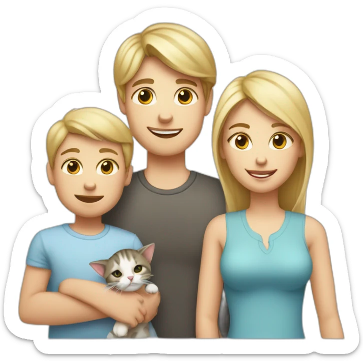 family with blond mother with straight blond hair, baby son with blond hair, brindle cat and white cat with gray spots sticker
