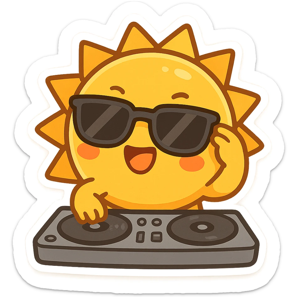 The Sun as a DJ, wearing sunglasses, playful and energetic, cartoon style, vibrant colors, chibi stickers style sticker