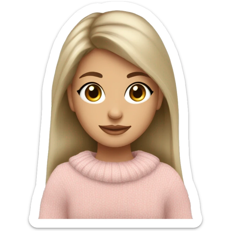 Pretty green/grey eyed girl with tan skin light pink sweater reading cozy sticker