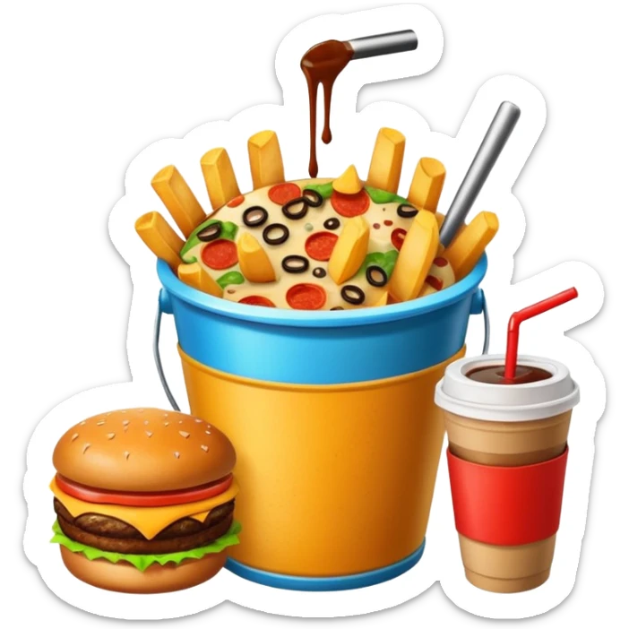 ganarate a emogi a bucket of food with pizza buerger coffee add fries cold coffe to sticker