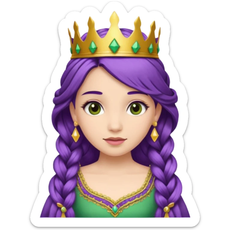 Princesses, with Gold Crown on purple braid hair, with green dress sticker
