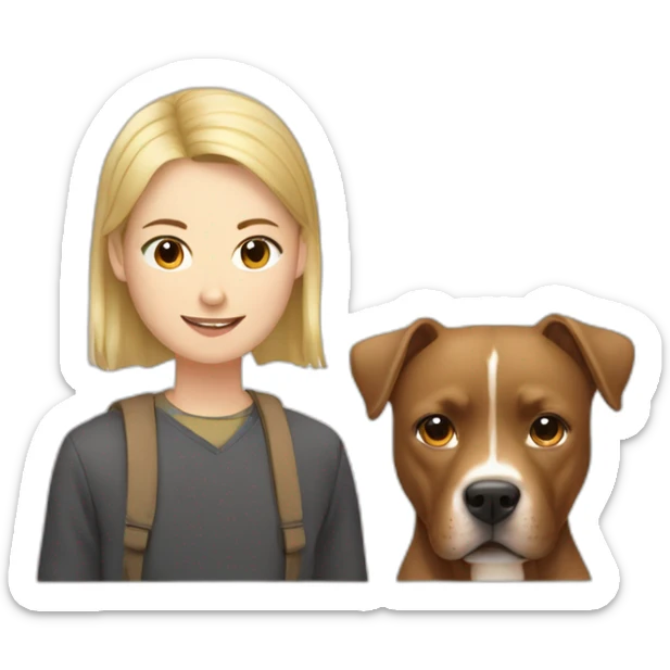 Young blonde man and Chinese lady with brown Staffordshire terrier dog sticker