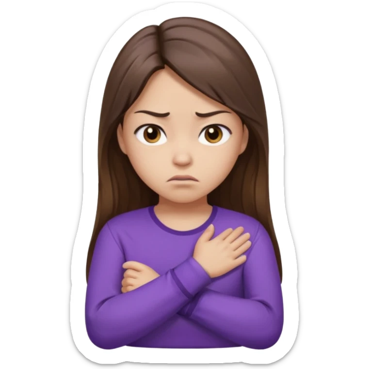 Angry Pouty girl with small asian eyes folding arms in a purple longsleeve shirt she has fair skin and long length brown hair with highlights sticker
