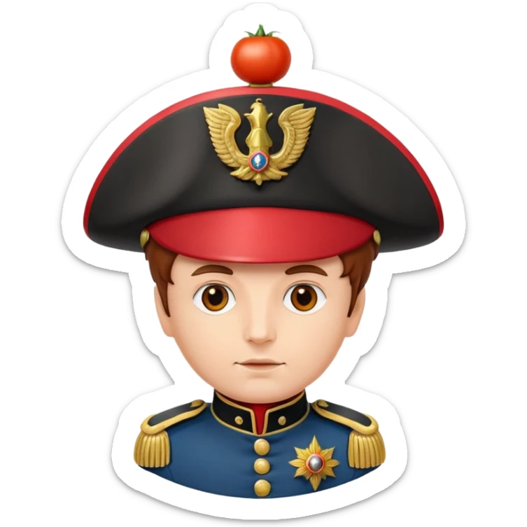 Tomato wearing Napoleon Bonaparte's bicorne hat and military officer uniform sticker