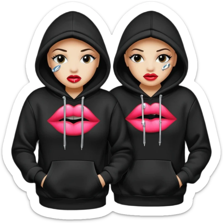 Realistic Isolated pair of black hoodie with baddie lips print on front with rhinestones  sticker