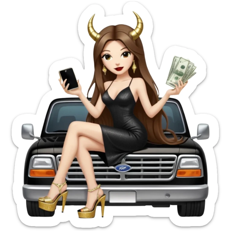 Sensual queen long brown straight haired sexy drug lord woman with  glitter platform high heels on her feet,  and devil black horns on her head, holding a stack of cash, has a phone in other hand. Sitting on the hood of a  gold ford350 pickup truck  full of drugs, long black dress with sexy slit sticker