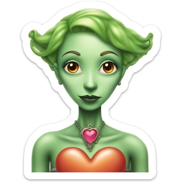 a green alien woman in Victorian orange dress, pink hair,holdig, red big hearth, full body sticker
