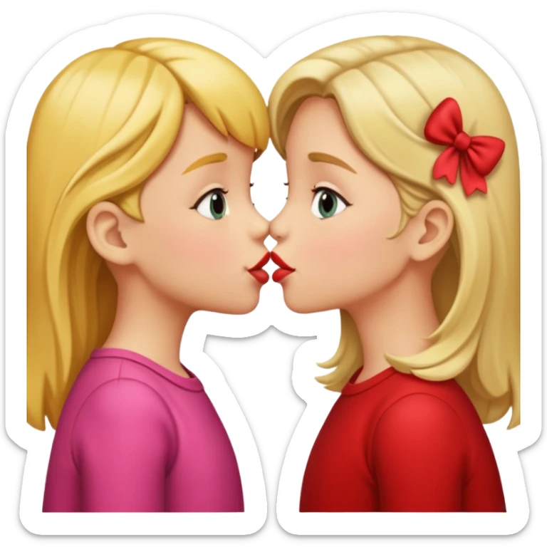 two 5 year old gals about to kiss on the lips, lips extremely close but not touching sticker
