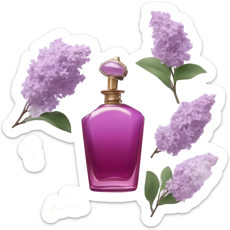 Aesthetic arrangement of pale violet lilacs with a retro-style deep pink perfume bottle.
 sticker